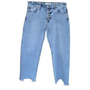 High-Waisted Kancan Light Wash Denim Jeans Button Fly & Raw Hem boho classic